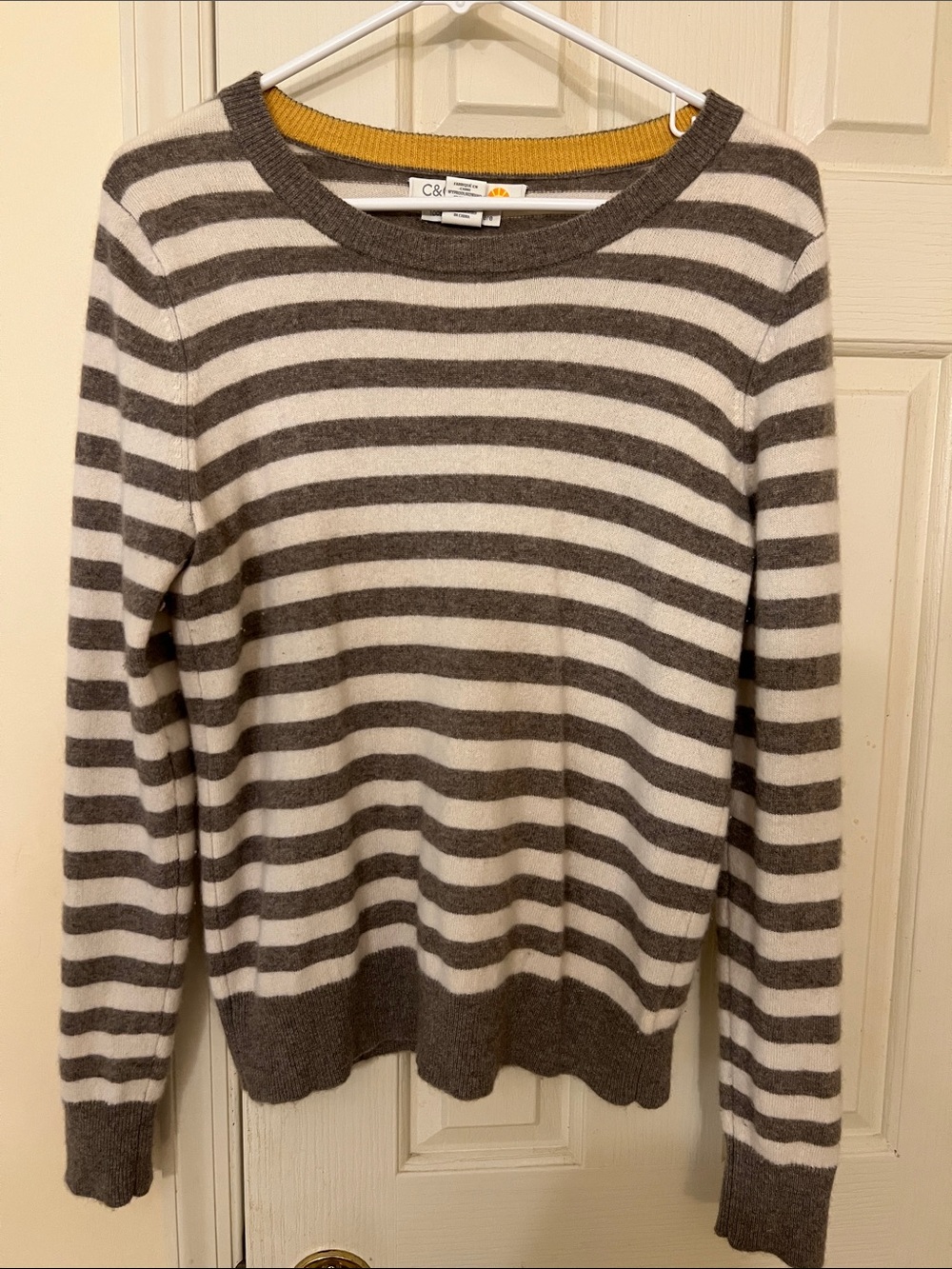 C&C California Striped Crewneck Sweater in Gray and White with Mustard Trim
